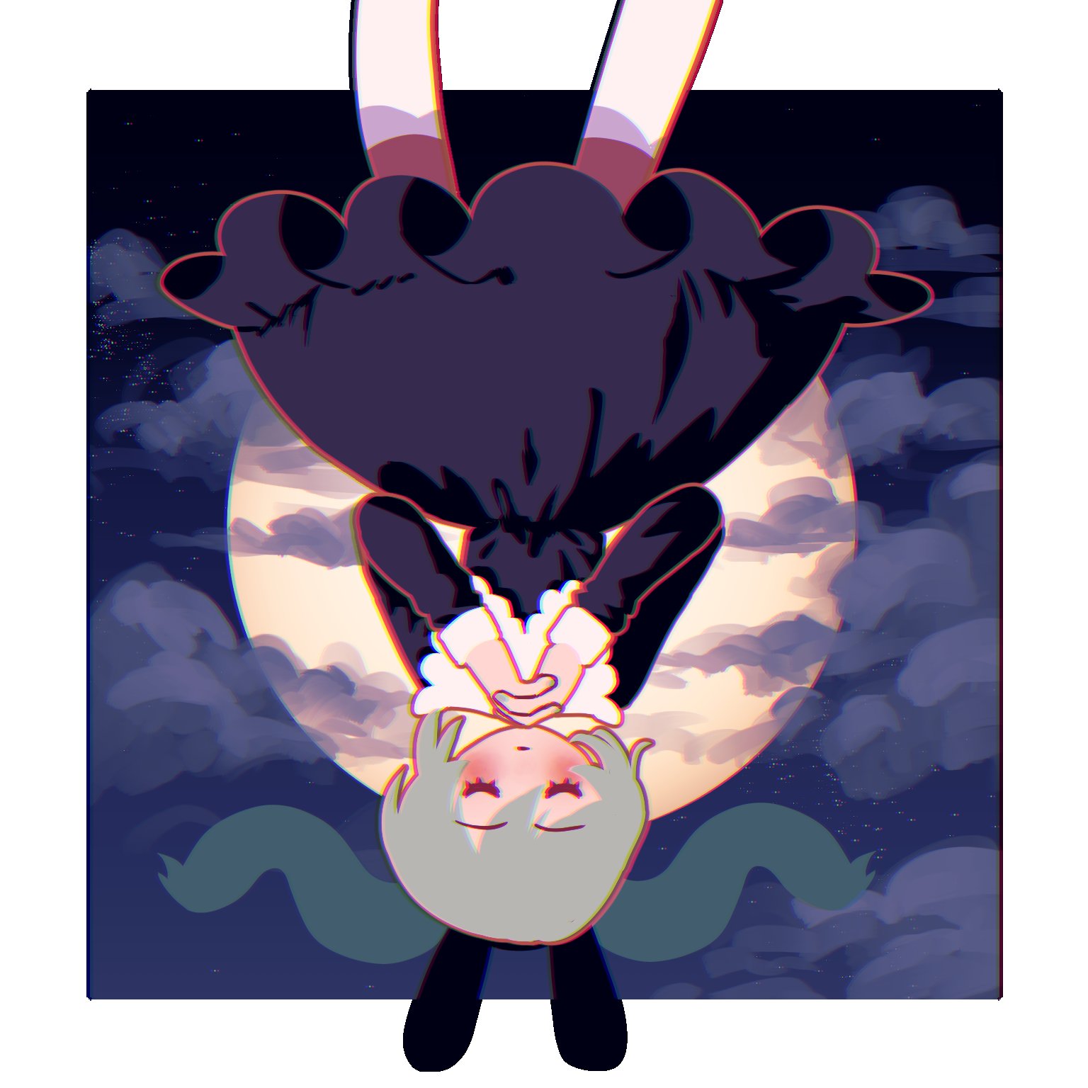 velvetterabby, hatsune miku, loveit (vocaloid), vocaloid, commentary, english commentary, highres, 1girl, black dress, blush, border, chromatic aberration, closed eyes, cloud, dress, full moon, green hair, moon, nail polish, outside border, solo, twintails, u u, white border