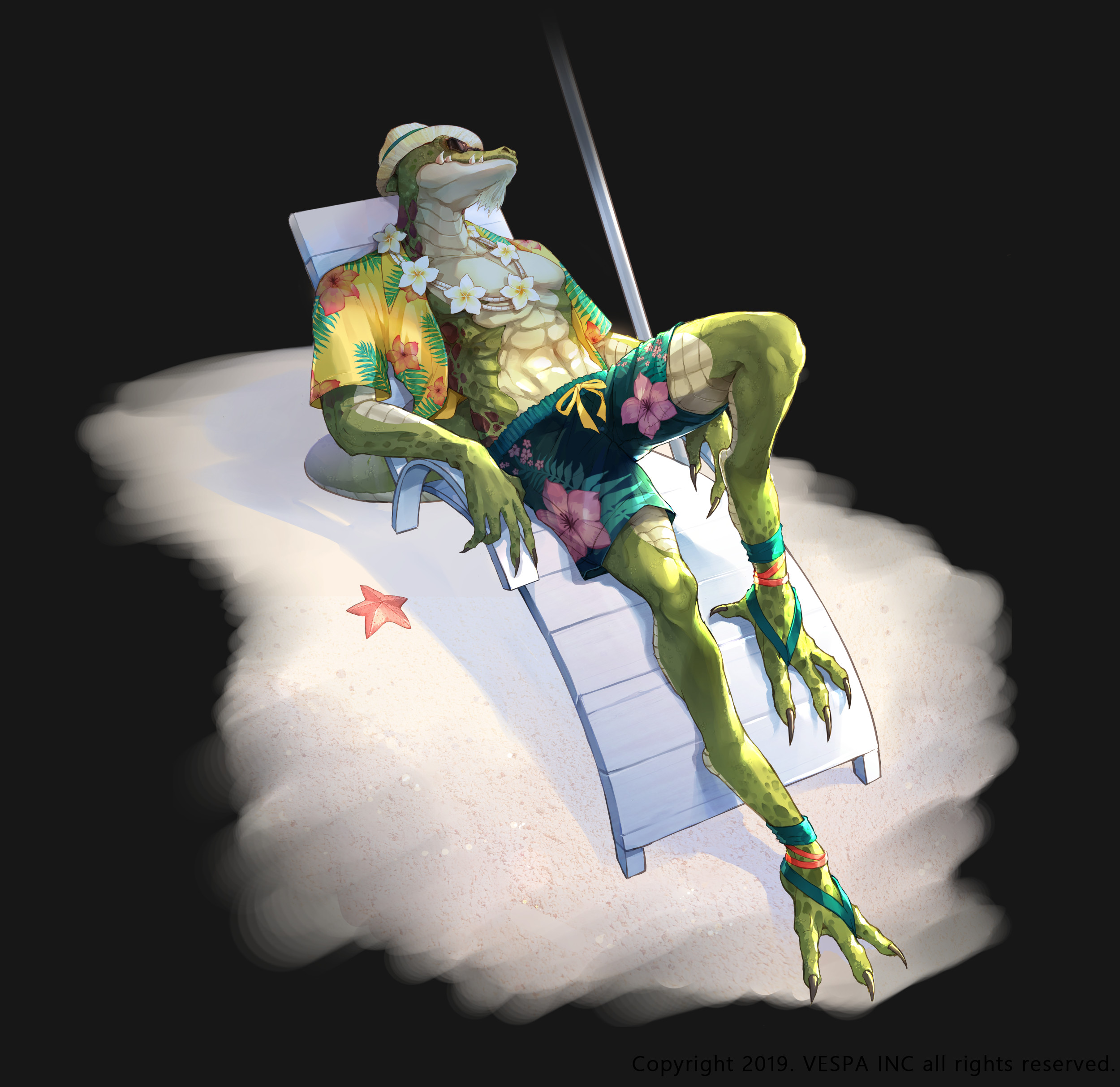 ezu (leejiyu), king's raid, absurdres, commentary, english commentary, highres, official art, 1boy, abs, beach chair, beard, claws, colored skin, dakaris (king's raid), facial hair, floral print, flower, flower necklace, full body, green male swimwear, green skin, hat, hawaiian shirt, jewelry, leg up, lei, lying, male swimwear, necklace, official alternate costume, on back, reptile boy, sand, shirt, solo, starfish, sunglasses, tail, teeth, white flower, yellow shirt