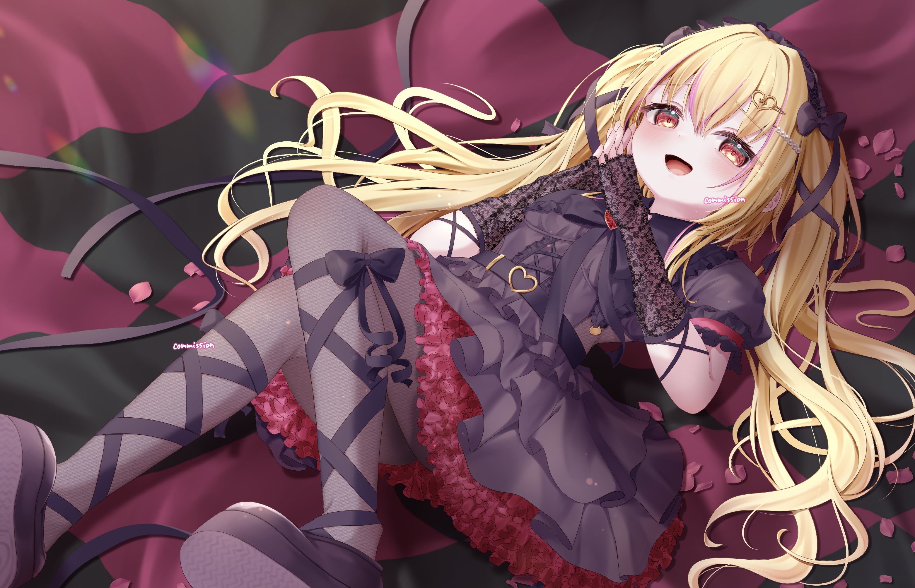nyao12, original, commission, highres, 1girl, black dress, black gloves, black pantyhose, black ribbon, blonde hair, dress, fingerless gloves, frilled dress, frills, gloves, gothic lolita, hair between eyes, leg ribbon, lolita fashion, long hair, looking at viewer, lying, multicolored hair, on back, open mouth, own hands together, pantyhose, petals, puffy short sleeves, puffy sleeves, red eyes, ribbon, rose petals, short sleeves, smile, solo, twitter username, virtual youtuber
