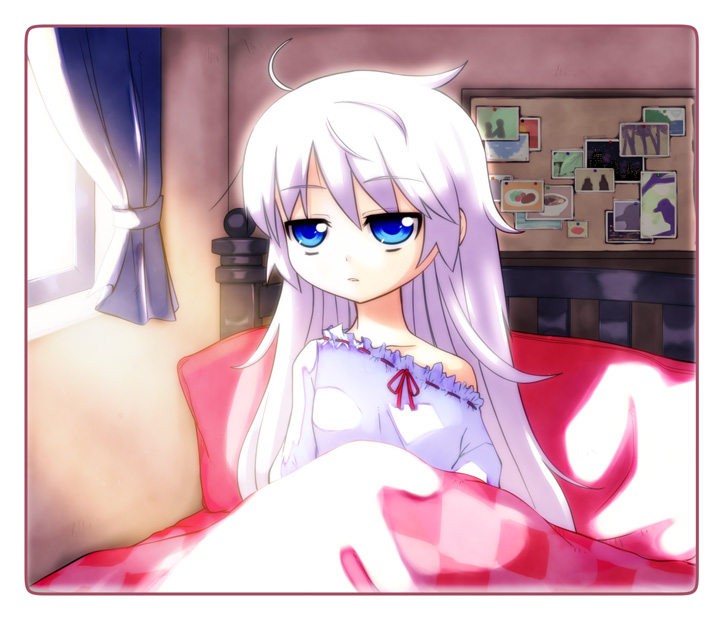 akino sora, original, light, bad id, bad pixiv id, bed, blue eyes, long hair, messy hair, shirt slip, sleepy, waking up, white hair