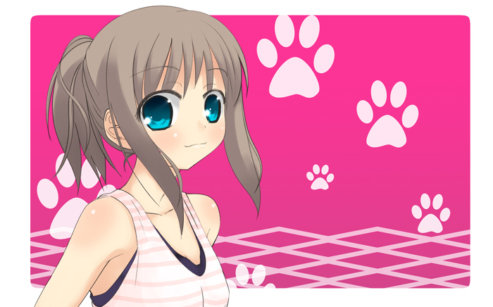 akino sora, original, bad id, bad pixiv id, :3, blue eyes, blush, brown hair, camisole, midriff, ponytail, smile, solo