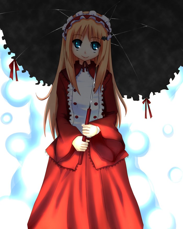 akino sora, original, bad id, bad pixiv id, blonde hair, blue eyes, goth fashion, gothic lolita, lolita fashion, long hair, shade, smile, solo, umbrella