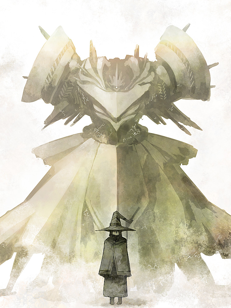 tsukuba masahiro, pixiv fantasia, pixiv fantasia 1, bad id, bad pixiv id, commentary, gender request, translation request, androgynous, black hair, cloak, desert, fantasy, golem, hat, mecha, muted color, pale color, robot, sand, solo, witch hat, wizard