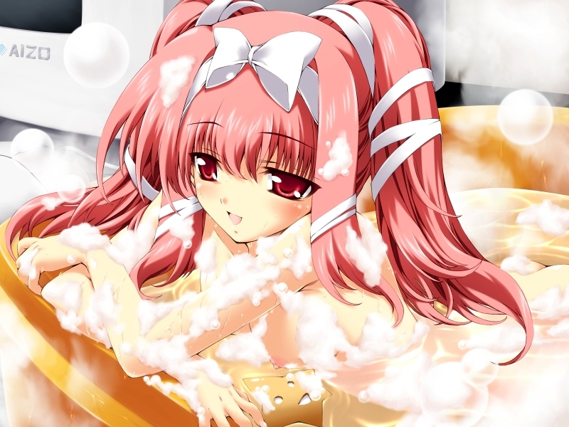 mitsuki mantarou, endou ifrina, figu@mate, game cg, 1girl, bath, bow, breasts, bubble, computer mouse, female focus, hair ribbon, long hair, mini person, minigirl, monitor, nipples, nude, pink hair, red eyes, red hair, ribbon, soap, solo, twintails