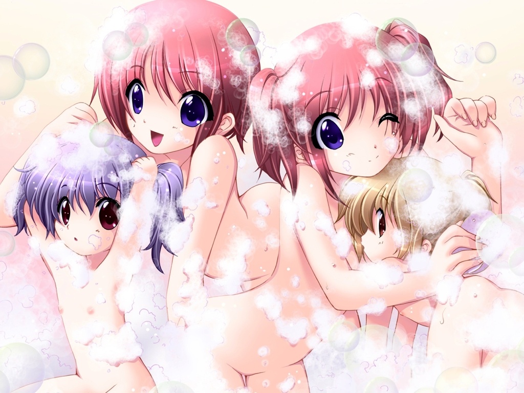 iizuki tasuku, akari (hobo-san to issho!), rina (hobo-san to issho!), yuuki maya (hobo-san to issho!), yuuki miya, hobo-san to issho!, 4girls, bath, bathing, bathing together, blonde hair, blue eyes, blue hair, bubble, high ponytail, loli, multiple girls, nude, one eye closed, ponytail, purple eyes, red hair, same-sex bathing, shared bathing, short ponytail, soap, split mouth, wink