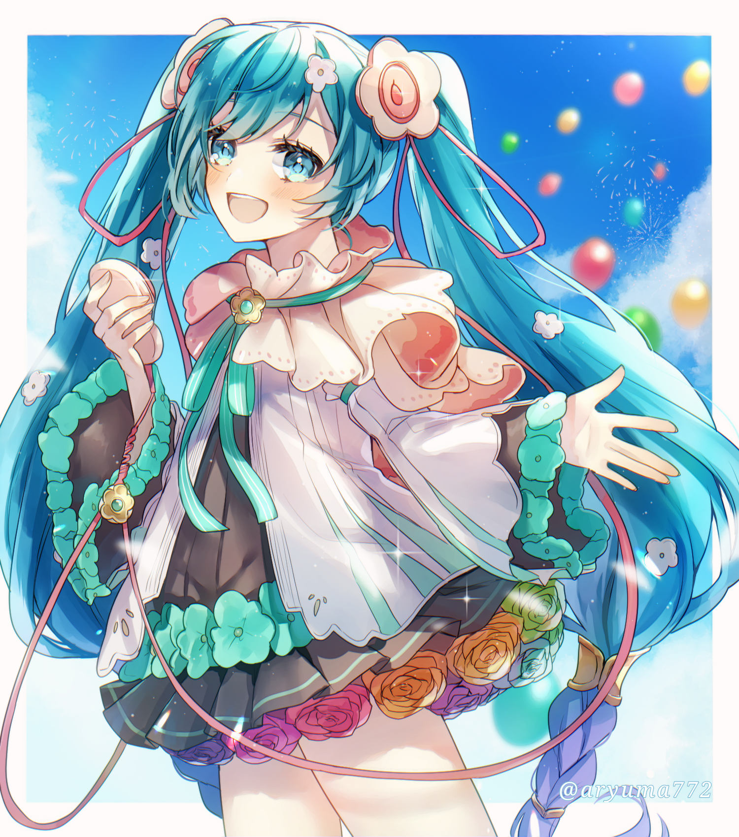 aryuma772, hatsune miku, magical mirai miku, magical mirai miku (2021), magical mirai (vocaloid), vocaloid, highres, 1girl, aqua eyes, aqua hair, aqua ribbon, blush, braid, colored tips, dress, flower, gradient hair, hair flower, hair ornament, hair ribbon, long hair, long sleeves, low-tied long hair, medallion, multicolored hair, official alternate costume, official alternate hairstyle, open mouth, purple hair, ribbon, smile, solo, twin braids, twintails, twitter username, very long hair, white dress, wide sleeves