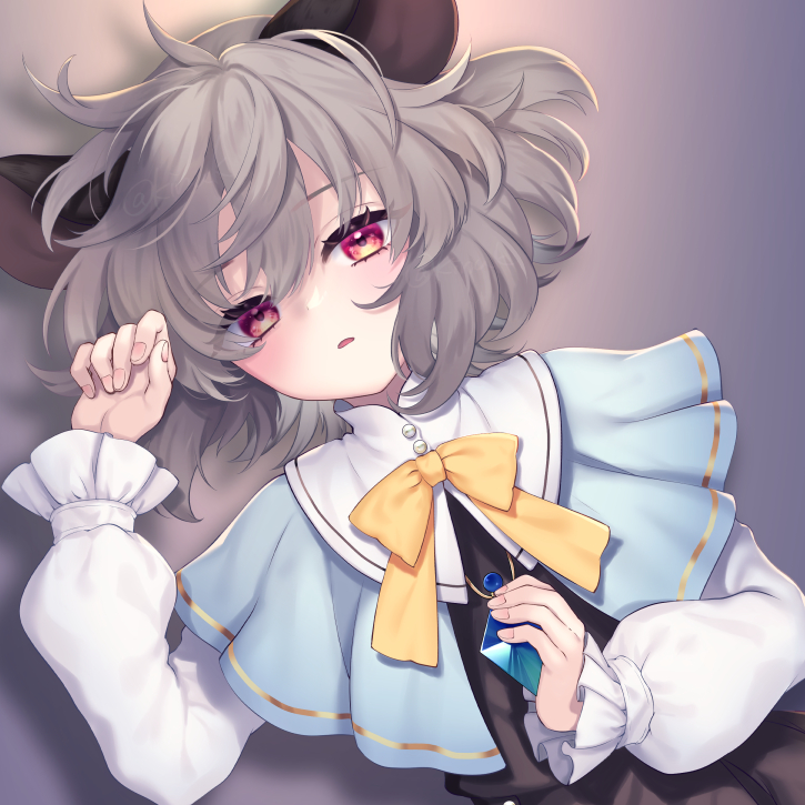 tomobe kinuko, nazrin, touhou, commentary request, 1girl, animal ears, artist name, black dress, blue capelet, blue gemstone, blush, bow, bowtie, buttons, capelet, dress, fingernails, frills, gem, grey background, grey hair, hair between eyes, hands up, holding, holding jewelry, jewelry, long sleeves, looking at viewer, lying, mouse ears, mouse girl, necklace, on side, open mouth, puffy long sleeves, puffy sleeves, purple eyes, shadow, shirt, short hair, simple background, solo, upper body, white shirt, yellow bow, yellow bowtie