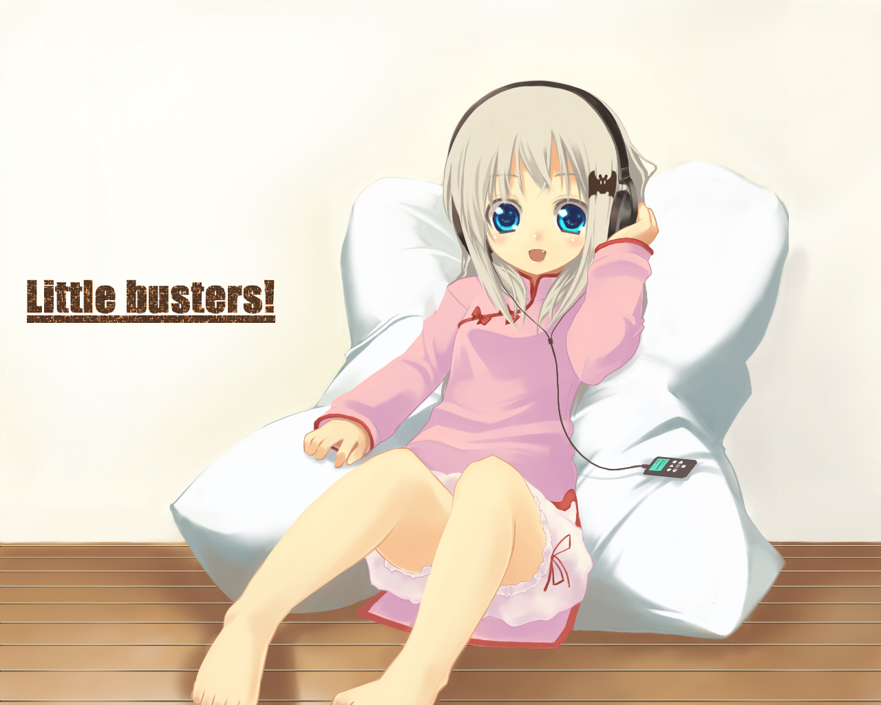 azuki akizuki, havemoon, noumi kudryavka, little busters!, silver hair, 1girl, barefoot, bloomers, blue eyes, china dress, chinese clothes, digital media player, dress, fang, female focus, headphones, ipod, long hair, pillow, sitting, solo, underwear