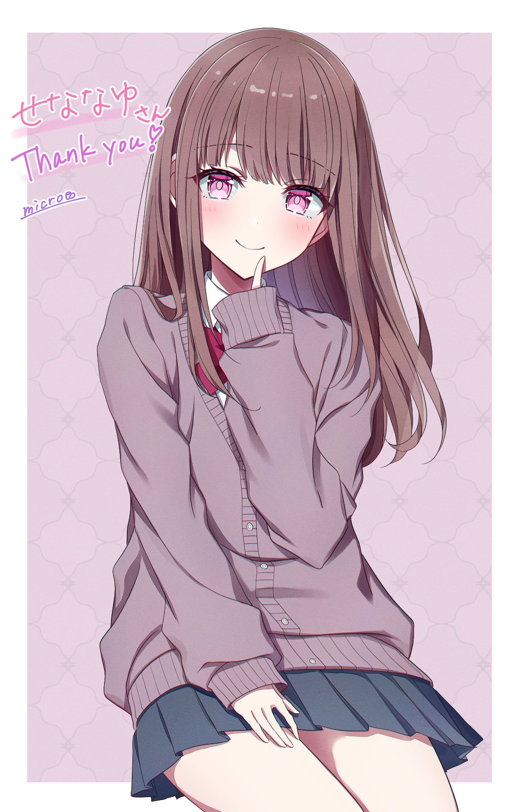 do while02, commission, highres, 1girl, blush, bow, bowtie, brown hair, cardigan, closed mouth, collared shirt, dated, long hair, long sleeves, looking at viewer, pink eyes, red bow, red bowtie, school uniform, shirt, sleeves past wrists, smile, solo, thank you, upper body, white shirt