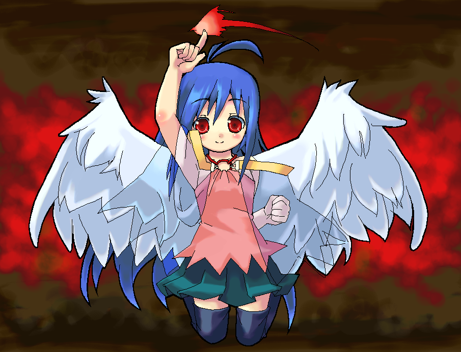 azuki akizuki, havemoon, 1girl, ahoge, angel wings, blue hair, female focus, long hair, magic, red eyes, smile, solo, thighhighs, wings, zettai ryouiki