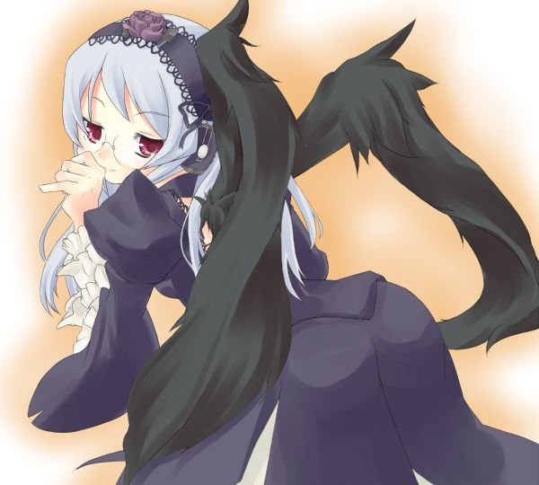 azuki akizuki, havemoon, suigintou, rozen maiden, 00s, 1girl, ass, bent over, black wings, female focus, glasses, long hair, red eyes, solo, wings