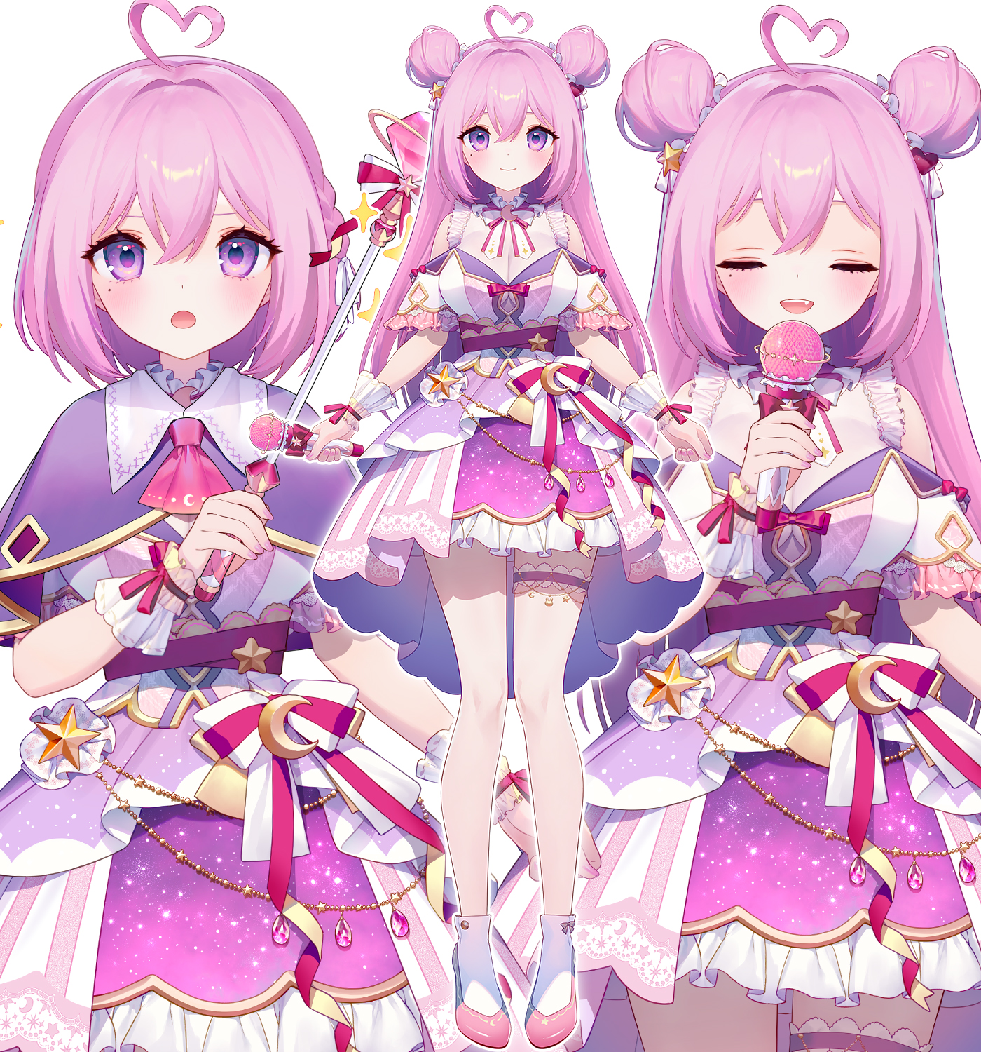 ainy, indie virtual youtuber, commentary request, highres, 1girl, :d, :o, ahoge, akatsuki yume, bare shoulders, blush, bow, bowtie, breasts, cleavage, closed eyes, closed mouth, double bun, dress, full body, hair between eyes, hair bun, heart, heart ahoge, holding, holding microphone, large breasts, long hair, looking at viewer, microphone, multiple views, open mouth, pink bow, pink bowtie, pink dress, pink eyes, pink hair, pink shoes, shoes, short sleeves, simple background, smile, socks, standing, striped bow, striped bowtie, striped clothes, thigh strap, virtual youtuber, white background, white socks