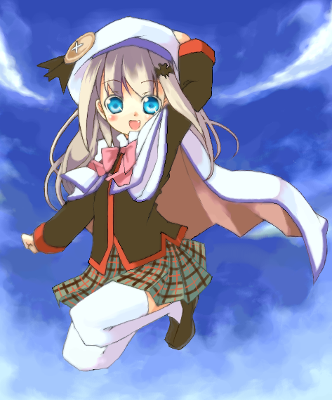 azuki akizuki, havemoon, noumi kudryavka, little busters!, silver hair, 1girl, blue eyes, bow, buttons, cape, fang, female focus, hat, jumping, large buttons, long hair, pink bow, plaid clothes, plaid skirt, school uniform, serafuku, skirt, solo, thighhighs