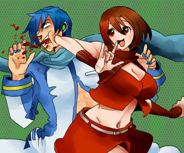 agata no michi, kaito (vocaloid), meiko (vocaloid), vocaloid, 1boy, 1girl, blood, brown hair, midriff, punching, red eyes, short hair