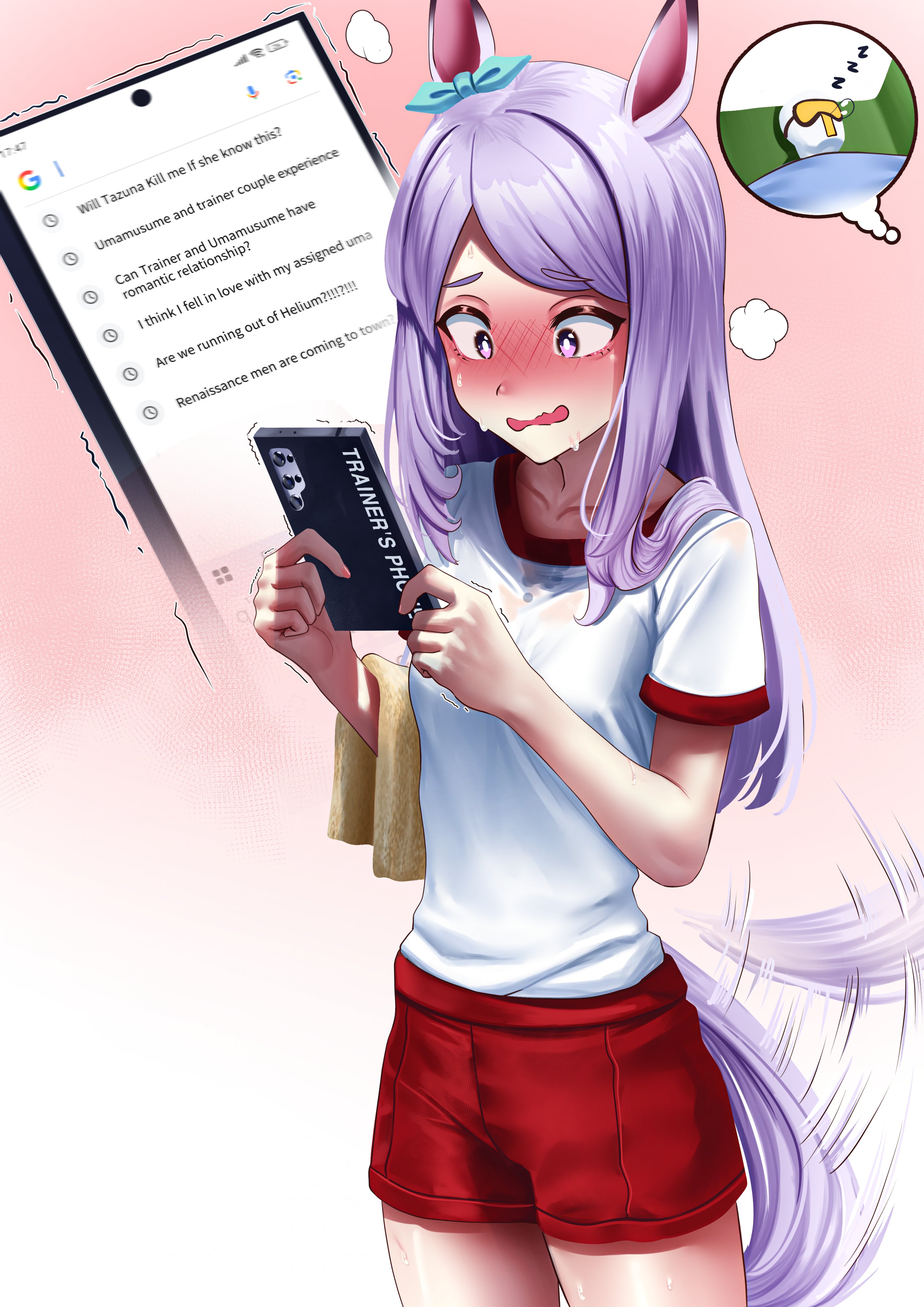 manjo (warito), mejiro mcqueen (umamusume), t-head trainer (umamusume), trainer (umamusume), umamusume, absurdres, commentary, english commentary, highres, 1boy, 1girl, animal ears, blush, english text, horse ears, horse girl, horse tail, open mouth, purple eyes, purple hair, red shorts, shorts, tail, tail wagging
