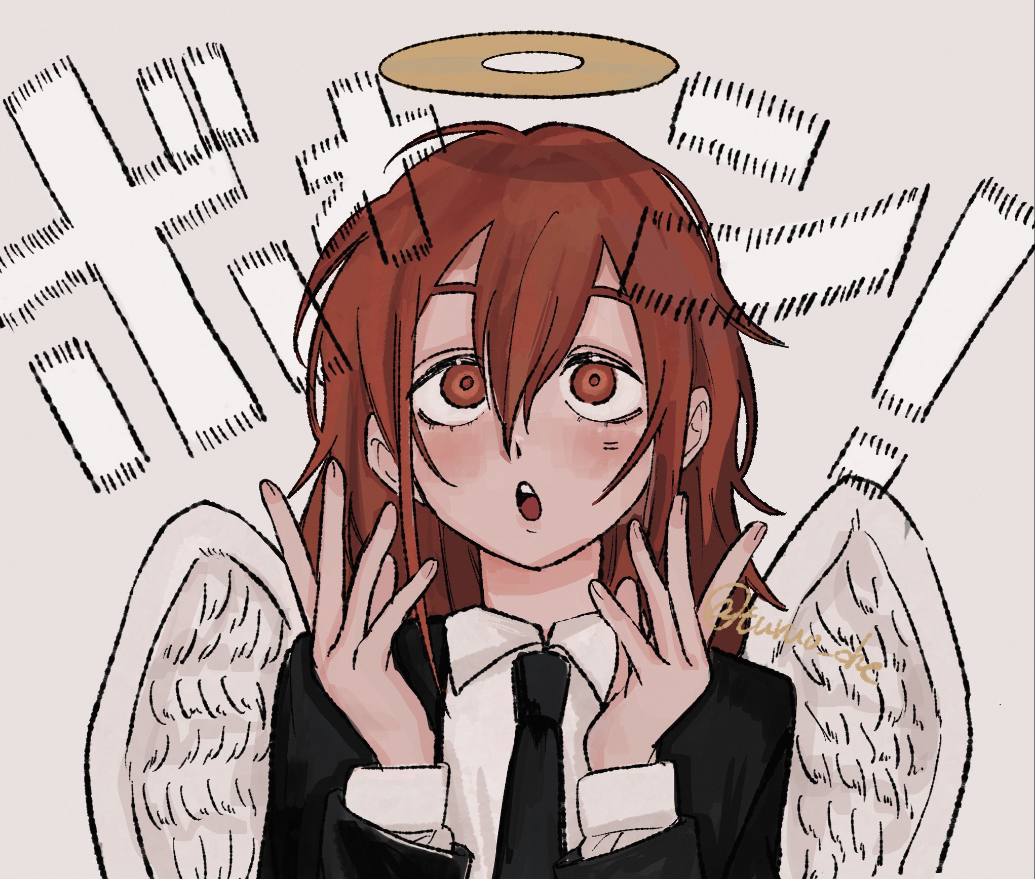 turuo che, angel devil (chainsaw man), chainsaw man, highres, translation request, 1boy, angel, angel wings, black necktie, black shirt, collared shirt, halo, long hair, long sleeves, male focus, necktie, red eyes, red hair, shirt, solo, teeth, traditional halo, twitter username, upper teeth only, white shirt, white wings, wings