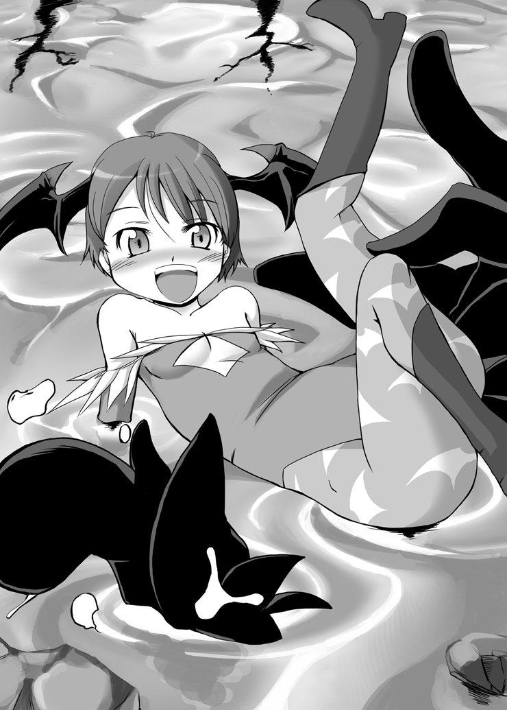 syokusyu, yuma ryouhei, lilith (darkstalkers), capcom, darkstalkers, bad id, bad pixiv id, 1girl, animal print, bare shoulders, bat print, blush, boots, cleavage cutout, clothing cutout, demon girl, female focus, flat chest, greyscale, head wings, lying, monochrome, on back, pantyhose, print pantyhose, short hair, solo, wading, water, wings
