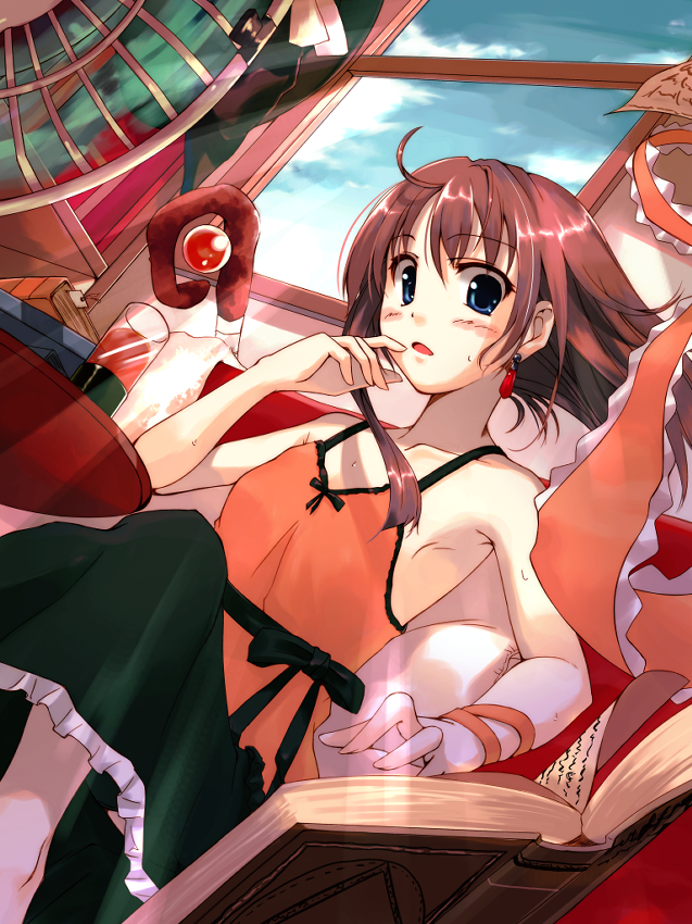 tamaki fuyu, original, bad id, bad pixiv id, ahoge, blue eyes, blush, book, brown hair, camisole, earrings, electric fan, glass, hot, jewelry, ribbon, skirt, solo, staff, sweat, sweatdrop, window