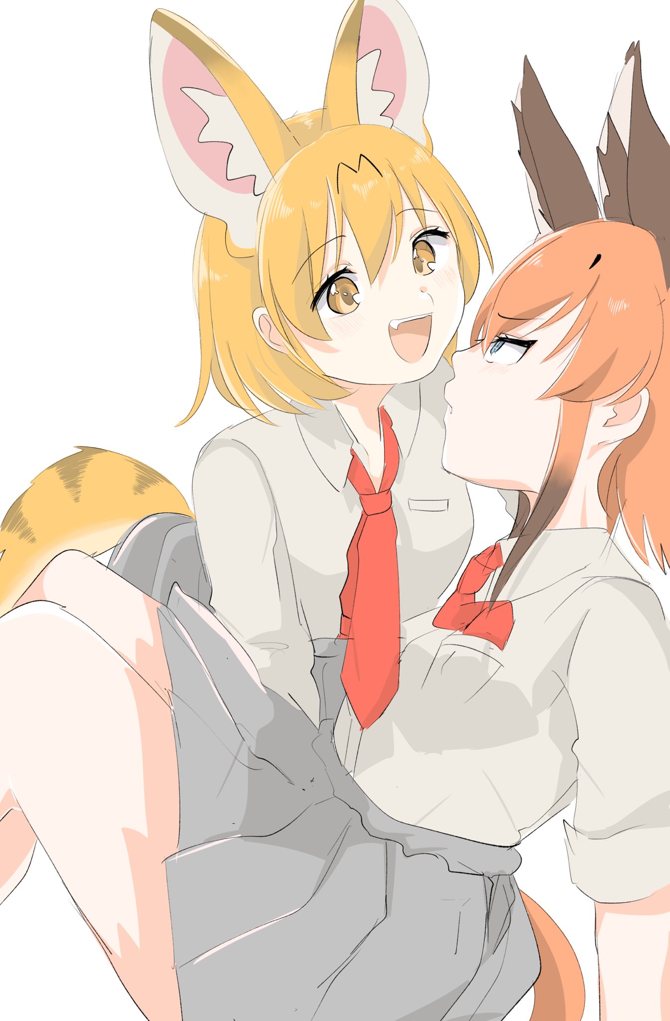 kamisamanosaba, caracal (kemono friends), serval (kemono friends), kemono friends, highres, 2girls, alternate costume, animal ears, blonde hair, blue eyes, brown hair, cat ears, cat girl, cat tail, collared shirt, extra ears, grey skirt, hair between eyes, matching outfits, multicolored hair, multiple girls, necktie, open mouth, orange hair, pleated skirt, red necktie, school uniform, shirt, shirt tucked in, short hair, short sleeves, sidelocks, sitting, skirt, smile, t-shirt, tail, white shirt, yellow eyes