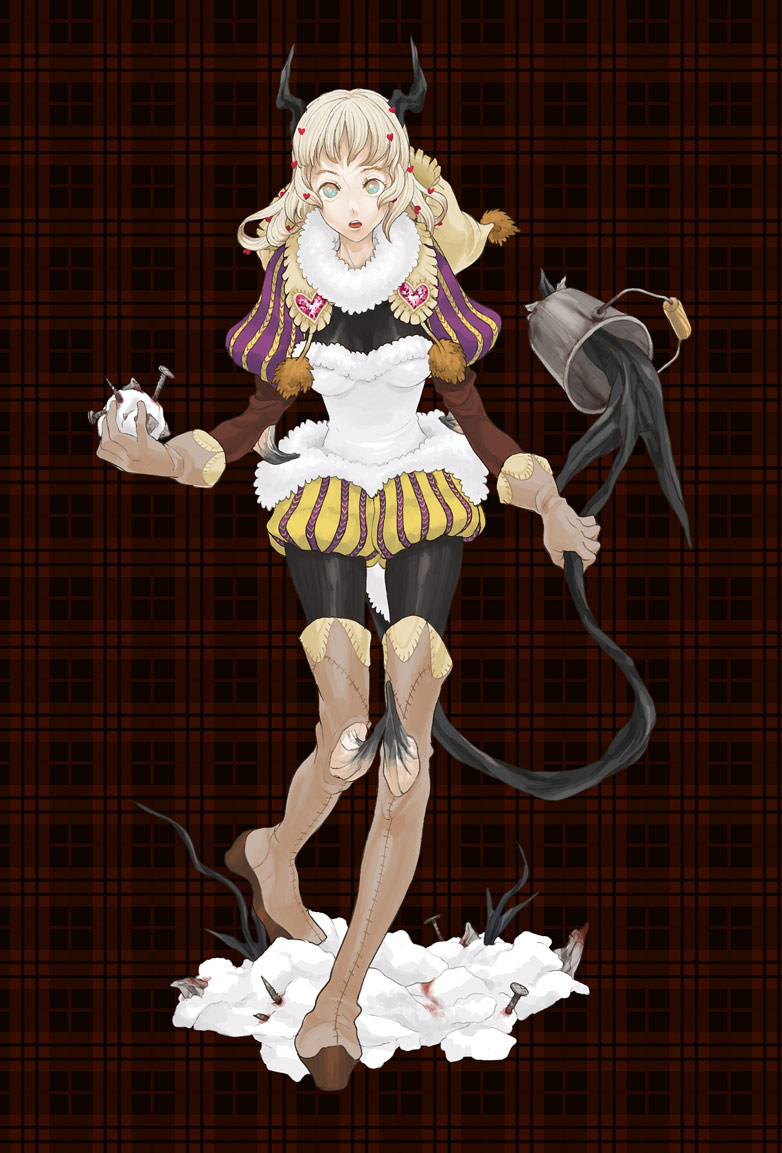kyuusugi toku, bad id, bad pixiv id, blonde hair, blue eyes, boots, bucket, demon girl, demon tail, gloves, horns, long hair, solo, tail