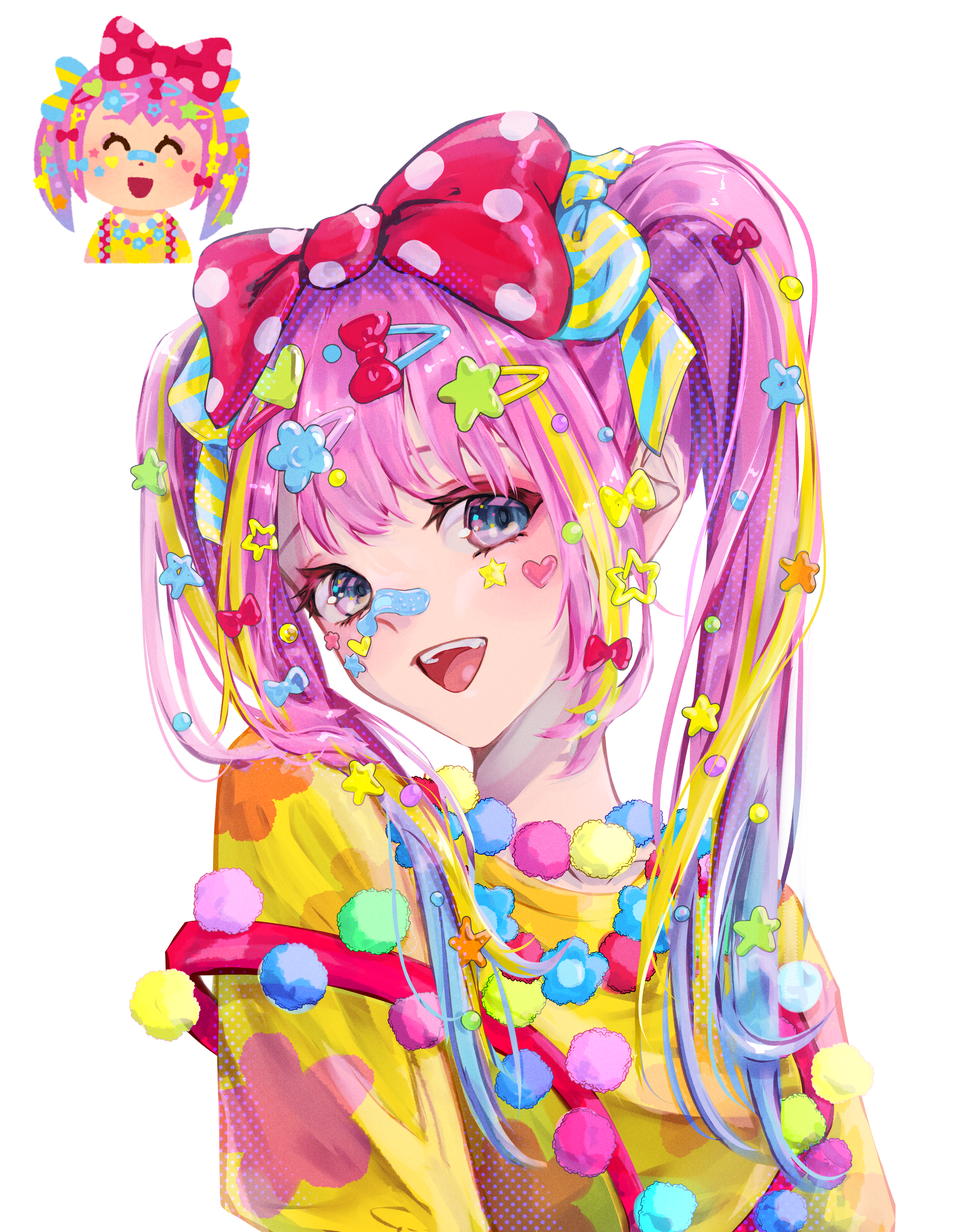 user kgnp3584, irasutoya, absurdres, commentary request, highres, 1girl, :d, bandaid, bandaid on face, bandaid on nose, blue hair, bow, colorful, decora, gradient hair, grey eyes, hair bow, hair ornament, irasutoya challenge, jewelry, long hair, looking at viewer, multicolored hair, necklace, open mouth, pink hair, polka dot, polka dot bow, pom pom (clothes), purple hair, reference inset, shirt, simple background, smile, solo, star (symbol), star hair ornament, suspenders, too many hair ornaments, twintails, upper body, white background, yellow shirt