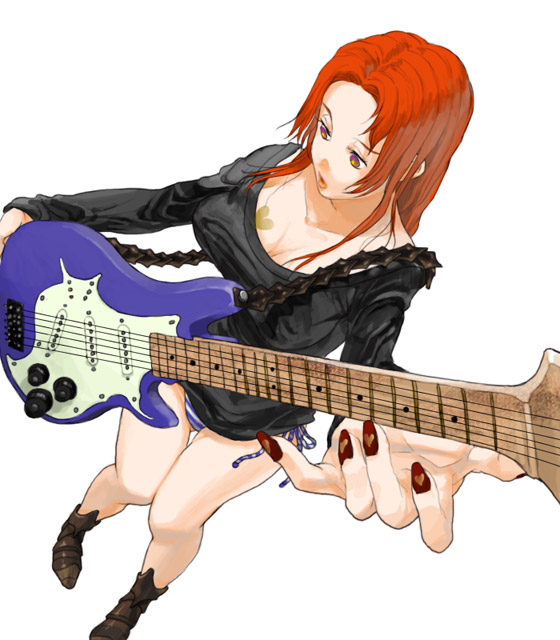 kyuusugi toku, bad id, bad pixiv id, 1girl, breasts, cleavage, electric guitar, female focus, foreshortening, guitar, instrument, large breasts, long hair, nail art, nail polish, panties, red hair, red nails, side-tie panties, solo, striped clothes, striped panties, underwear