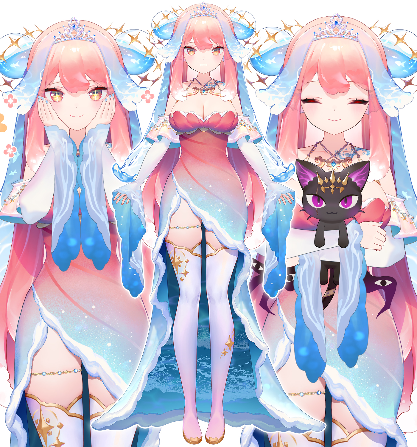 ainy, salmon lordette, vreverie, commentary, english commentary, highres, + +, 1girl, :3, bare shoulders, blue dress, blush, breasts, cleavage, closed eyes, closed mouth, cowboy shot, detached sleeves, dress, full body, fur-trimmed dress, fur trim, gradient clothes, gradient dress, hair ornament, large breasts, long hair, long sleeves, looking at viewer, multiple views, orange eyes, pink hair, red dress, simple background, smile, sphere hair ornament, standing, strapless, strapless dress, tiara, two-tone dress, virtual youtuber, white sleeves, wide sleeves