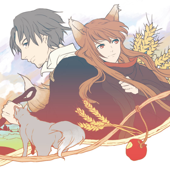 kyuusugi toku, craft lawrence, holo, spice and wolf, bad id, bad pixiv id, 00s, 1boy, 1girl, animal, animal ears, apple, food, fruit, wolf, wolf ears