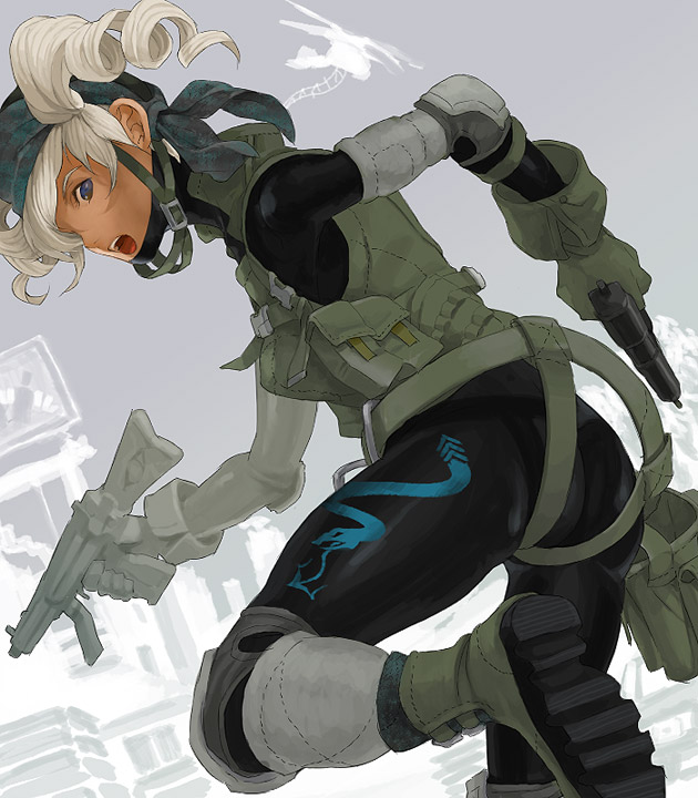 kyuusugi toku, heckler & koch, bad id, bad pixiv id, ass, boots, drill hair, gun, h&k mp5, helmet, rifle, soldier, solo, submachine gun, weapon, white hair