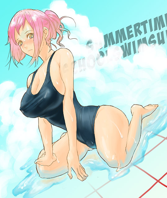 kyuusugi toku, bad id, bad pixiv id, barefoot, breasts, cleavage, covered erect nipples, huge breasts, kneeling, midriff, one-piece swimsuit, pink hair, school swimsuit, swimsuit, water, wet