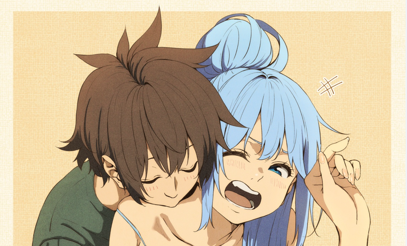 izawa (bhive003), aqua (konosuba), satou kazuma, kono subarashii sekai ni shukufuku wo!, 1boy, 1girl, bare shoulders, biting, blue eyes, blue hair, blush, brown background, brown hair, brown shirt, collarbone, d;, fang, hair bun, hand up, hetero, looking at viewer, neck biting, one eye closed, open mouth, shirt, short hair, teeth