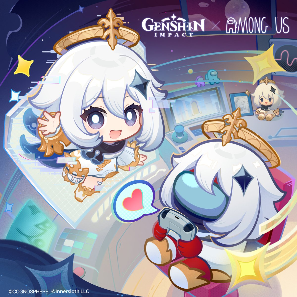 crewmate (among us), paimon (genshin impact), among us, genshin impact, commentary, english commentary, highres, official art, 1girl, 1other, bright pupils, character doll, chibi, company name, copyright name, cosplay, crossover, doll, dress, flying, halo, hand up, heart, long hair, long sleeves, looking at viewer, paimon (genshin impact) (cosplay), spoken heart, white dress, white hair, white pupils
