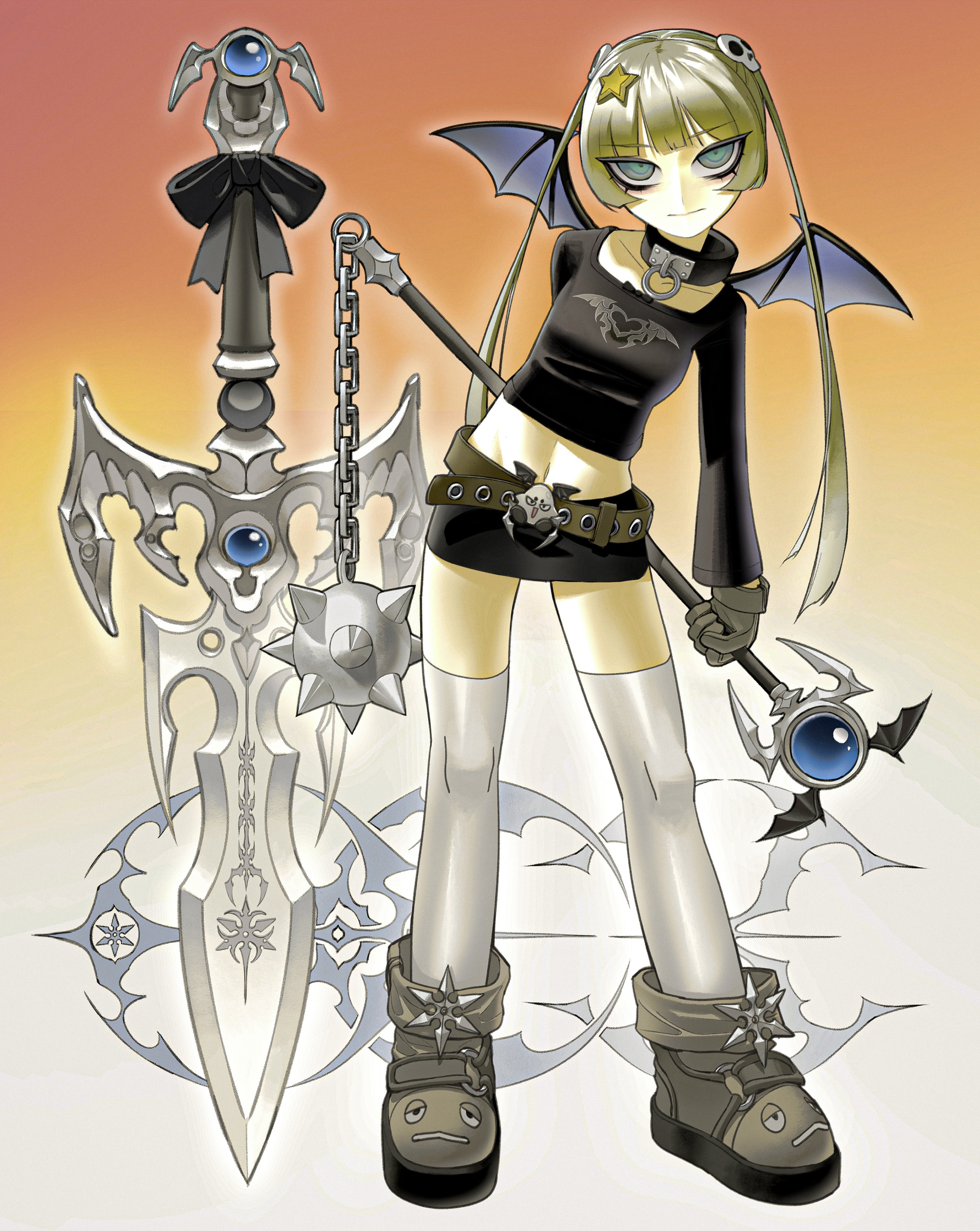 vinne, original, absurdres, highres, 1girl, bags under eyes, belt buckle, black shirt, black skirt, blonde hair, blue eyes, boots, brown boots, buckle, collar, cyber sigilism, full body, gradient background, hair ornament, holding, holding mace, holding weapon, long hair, long sleeves, looking at viewer, mace, midriff, miniskirt, navel, print shirt, shirt, simple background, skirt, skull belt, skull hair ornament, solo, spiked mace, spikes, standing, star (symbol), star hair ornament, streetwear, sword, thighhighs, twintails, weapon, white thighhighs, y2k fashion, zettai ryouiki