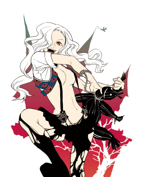 kyuusugi toku, original, bad id, bad pixiv id, 1girl, albino, breasts, female focus, long hair, no bra, rope, smile, solo, suspenders, torn clothes, voodoo, voodoo doll, white hair