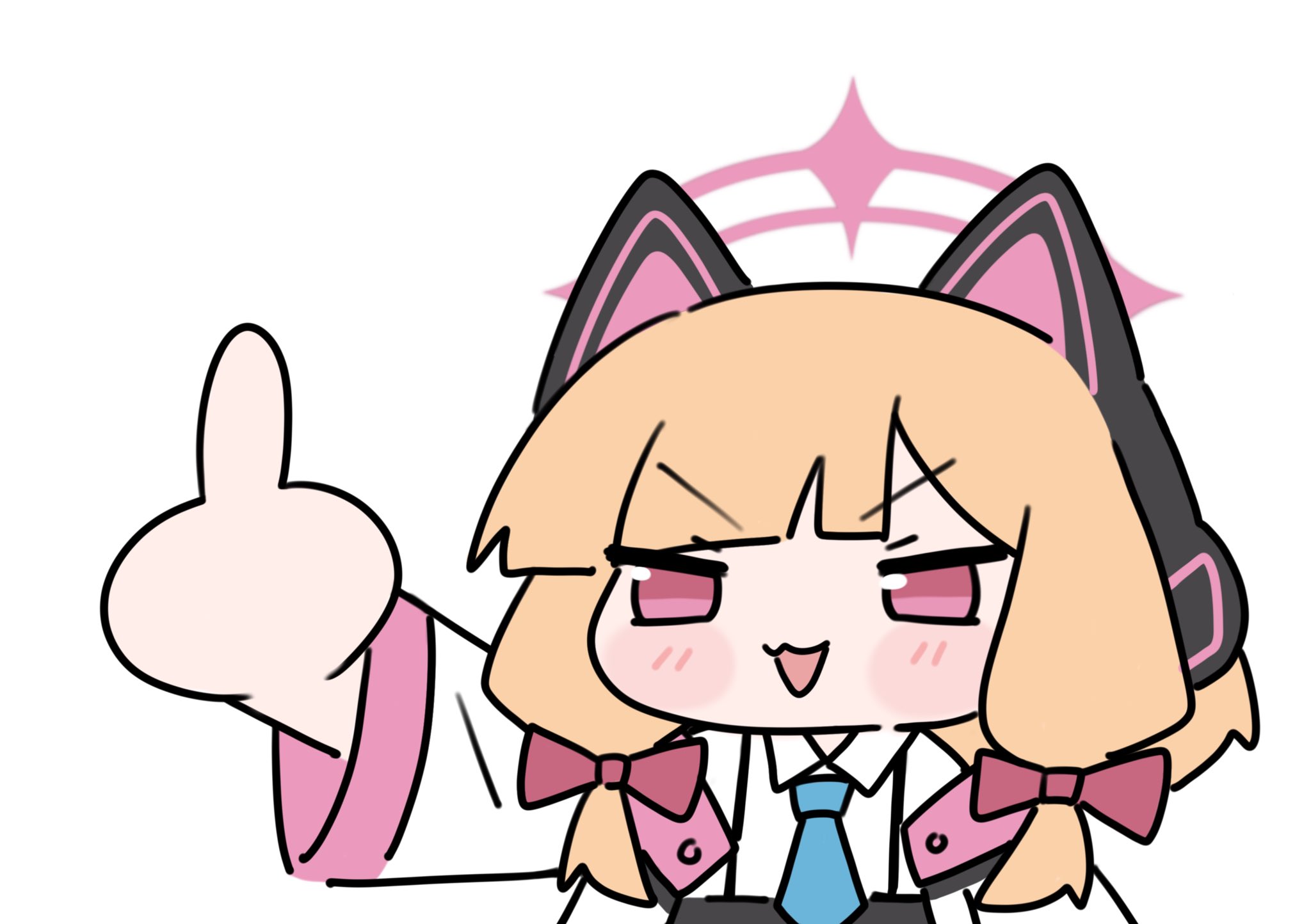 momoi (blue archive), blue archive, audible music, commentary, highres, sound, symbol-only commentary, volume warning, 1girl, :3, animal ear headphones, animal ears, black skirt, blonde hair, blue necktie, bow, cat ear headphones, chibi, fake animal ears, full body, hair bow, halo, headphones, jacket, looking at viewer, meme, middle finger, necktie, open clothes, open jacket, pink bow, pink eyes, pink halo, raised eyebrow, shirt, simple background, skirt, smug, solo, standing, tuna (tuna2 5), v-shaped eyebrows, white background, white shirt