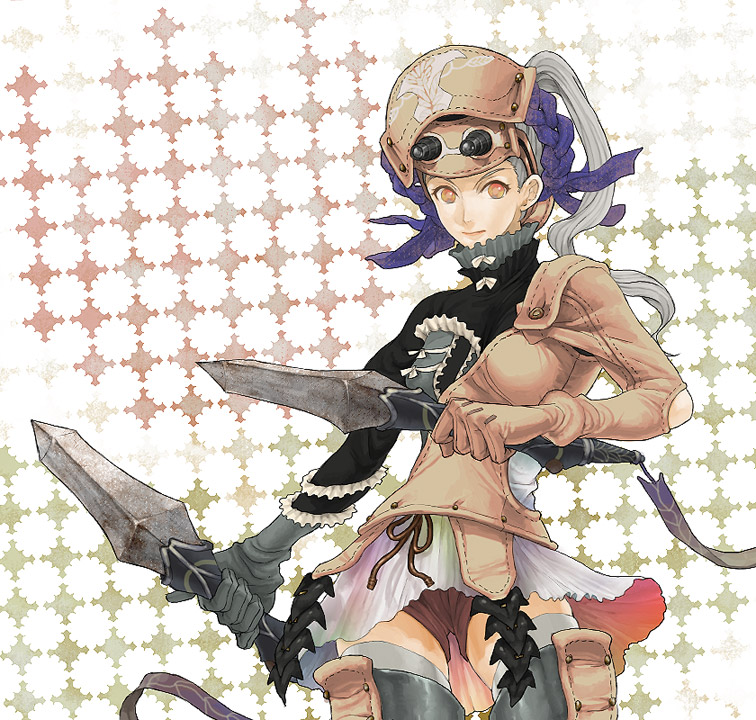 kyuusugi toku, original, silver hair, bad id, bad pixiv id, boots, fantasy, hat, helmet, knife, long hair, orange eyes, shorts, solo, thigh boots, thighhighs