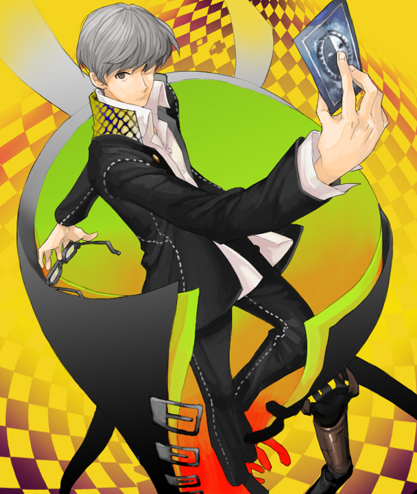kyuusugi toku, narukami yu, atlus, persona, persona 4, bad id, bad pixiv id, card, foreshortening, glasses, grey hair, holding, holding card, holding removed eyewear, male focus, solo, unworn eyewear