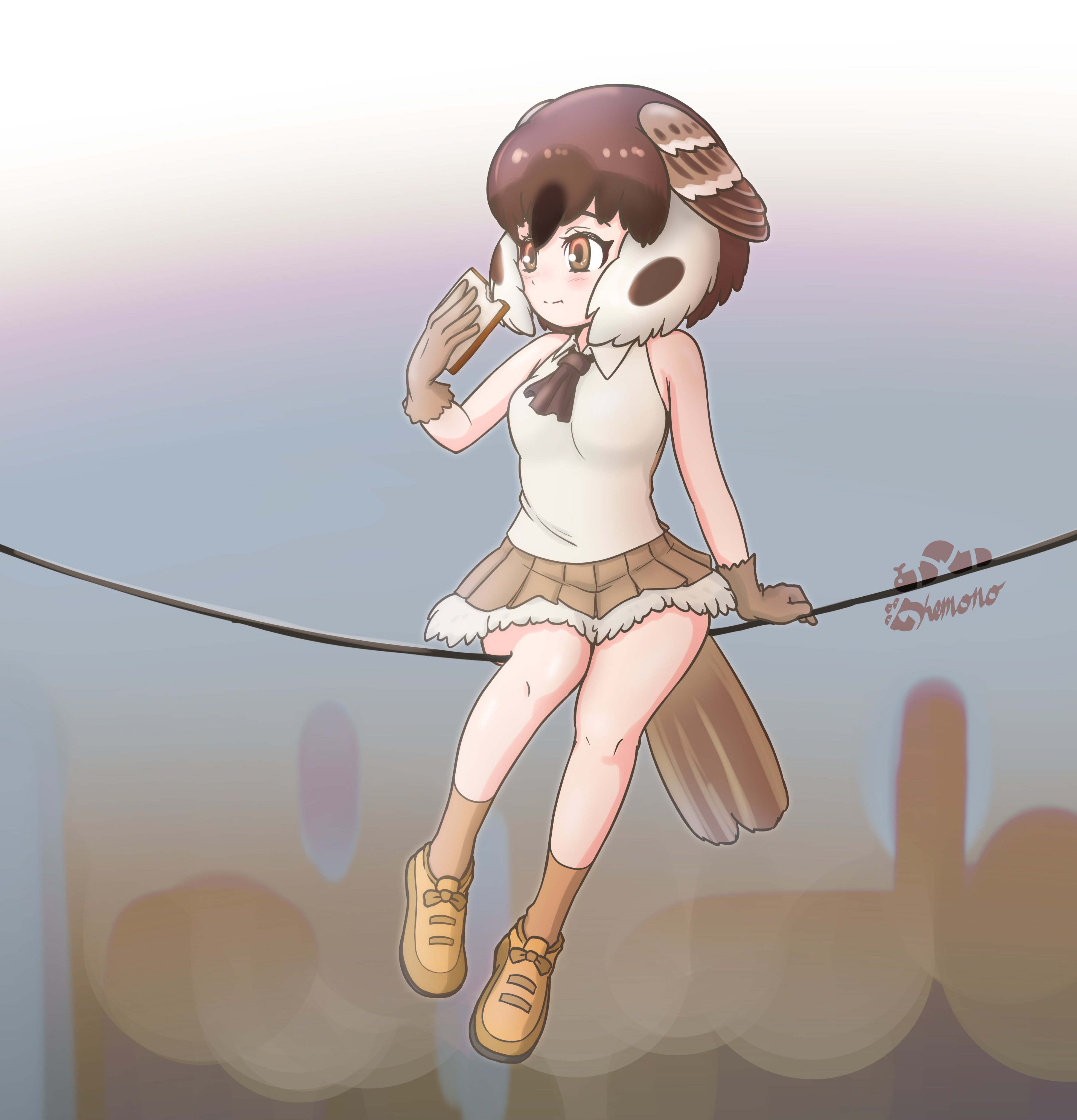 nokemono-san (bocchi friend), kemono friends, absurdres, highres, 1girl, bare shoulders, bird girl, bird tail, bird wings, black hair, blush, bread, bread slice, brown eyes, brown gloves, brown hair, brown neckerchief, brown shoes, brown skirt, brown socks, collared shirt, eating, food, frilled skirt, frills, gloves, hair between eyes, head wings, multicolored hair, neckerchief, pleated skirt, shirt, shoes, short hair, sidelocks, sitting, skirt, sleeveless, socks, solo, tail, tree sparrow (kemono friends), white hair, white shirt, wings, wire