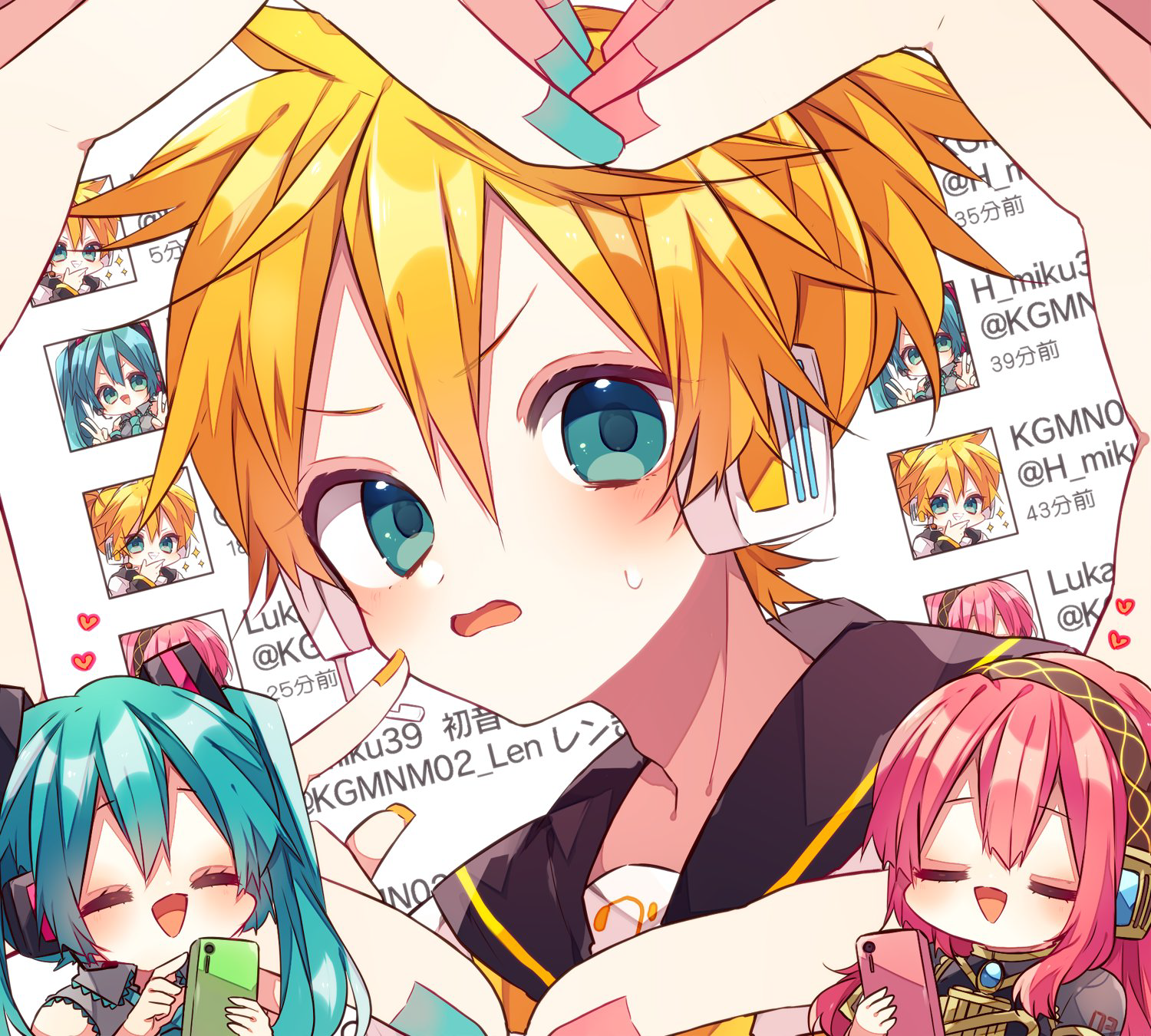 kaho 0102, hatsune miku, kagamine len, megurine luka, vocaloid, commentary request, highres, 1boy, 2girls, :d, bass clef, black sailor collar, blonde hair, blue eyes, blue hair, blue nails, blush, brown shirt, cellphone, chibi, closed eyes, double-parted bangs, hair between eyes, headphones, headset, heart, heart hands, heart hands duo, holding, holding phone, multiple girls, nail polish, necktie, open mouth, phone, pink hair, red nails, sailor collar, shirt, short hair, smartphone, smile, sweatdrop, twintails, white shirt, yellow nails, yellow necktie