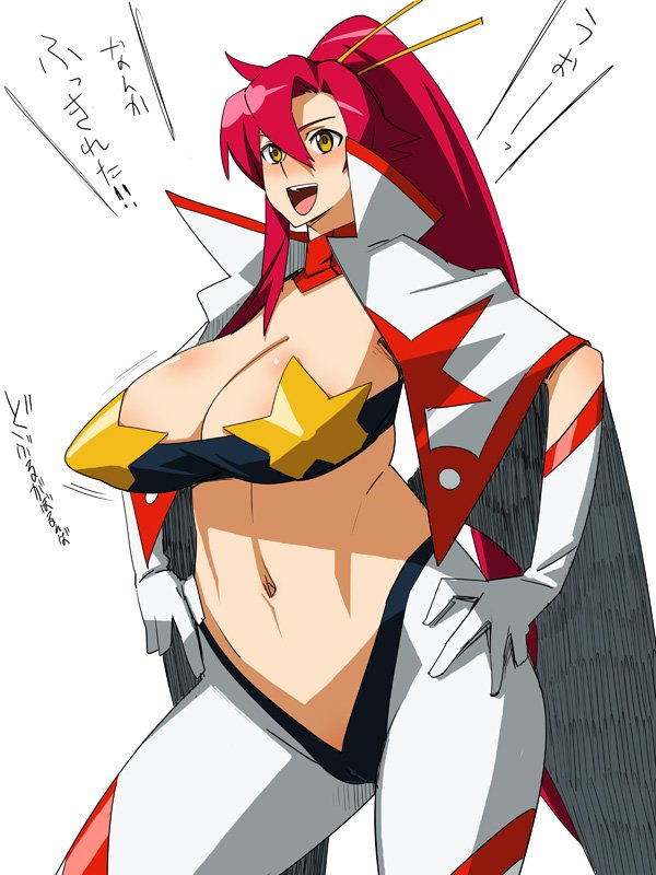 bobobo, space yoko, yoko littner, tengen toppa gurren lagann, 00s, 1girl, bandeau, blush, breasts, female focus, gloves, huge breasts, long hair, midriff, plump, red hair, solo, strapless, tube top, yellow eyes