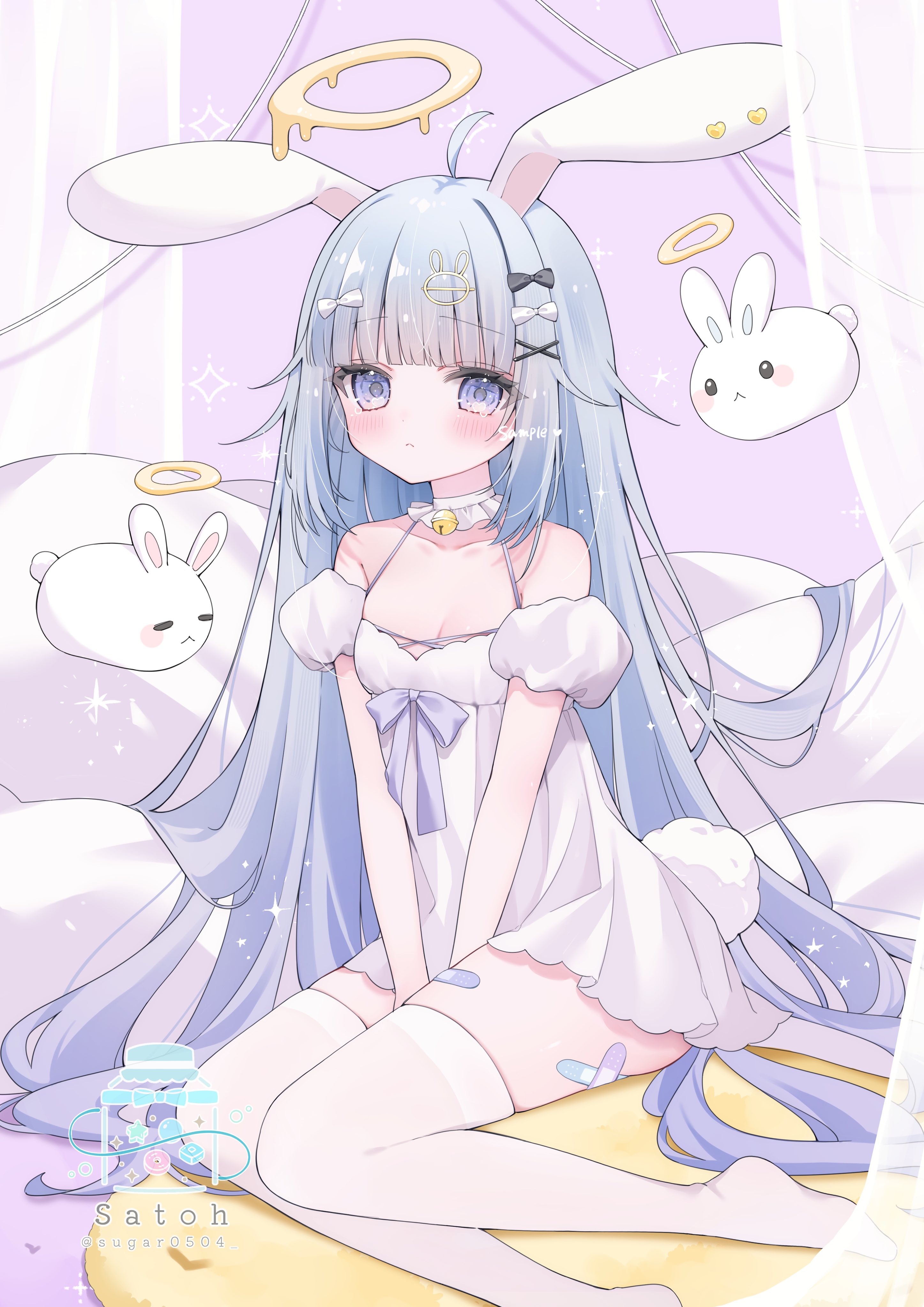 original, absurdres, highres, 1girl, animal ears, bandaid, bare shoulders, bell, between legs, blue eyes, blue hair, blunt bangs, blush, bow, breasts, closed mouth, detached sleeves, dress, hair bow, hair ornament, halo, hand between legs, long hair, looking at viewer, rabbit, rabbit ears, rabbit girl, rabbit tail, sitting, small breasts, solo, sugar0504, tail, thighhighs, very long hair, virtual youtuber, white bow, white dress, white thighhighs, x hair ornament