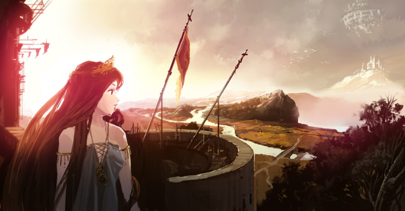 kamoi kouji, bad id, bad pixiv id, 1girl, bare shoulders, bird, castle, cloud, crown, fantasy, female focus, flag, fog, forest, hat, long hair, nature, outdoors, red hair, river, scenery, sky, solo, tiara
