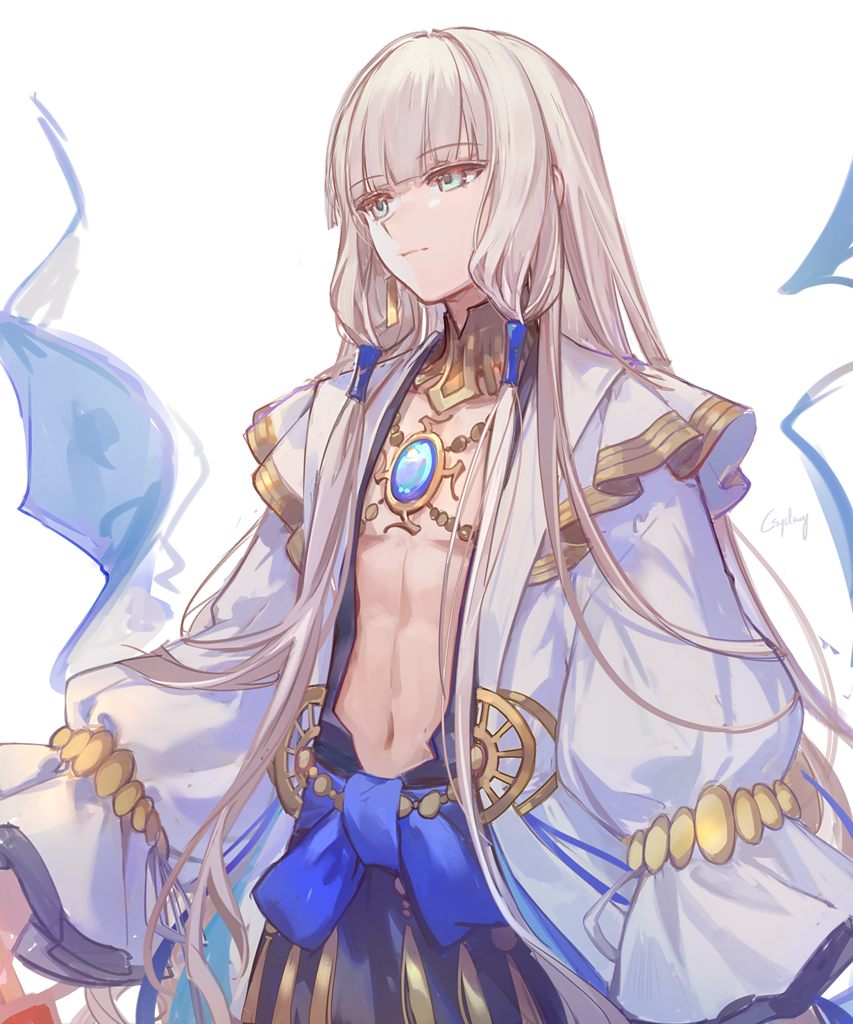 csyday, noah (fate), fate/grand order, fate (series), chinese commentary, commentary request, highres, 1boy, black robe, blonde hair, blue gemstone, blue sash, blunt bangs, closed mouth, gem, gold trim, green eyes, hair tubes, jewelry, long hair, long sleeves, looking ahead, low-tied sidelocks, male focus, navel, neck ring, necklace, open clothes, open robe, robe, sash, sidelocks, signature, simple background, solo, white background, white robe