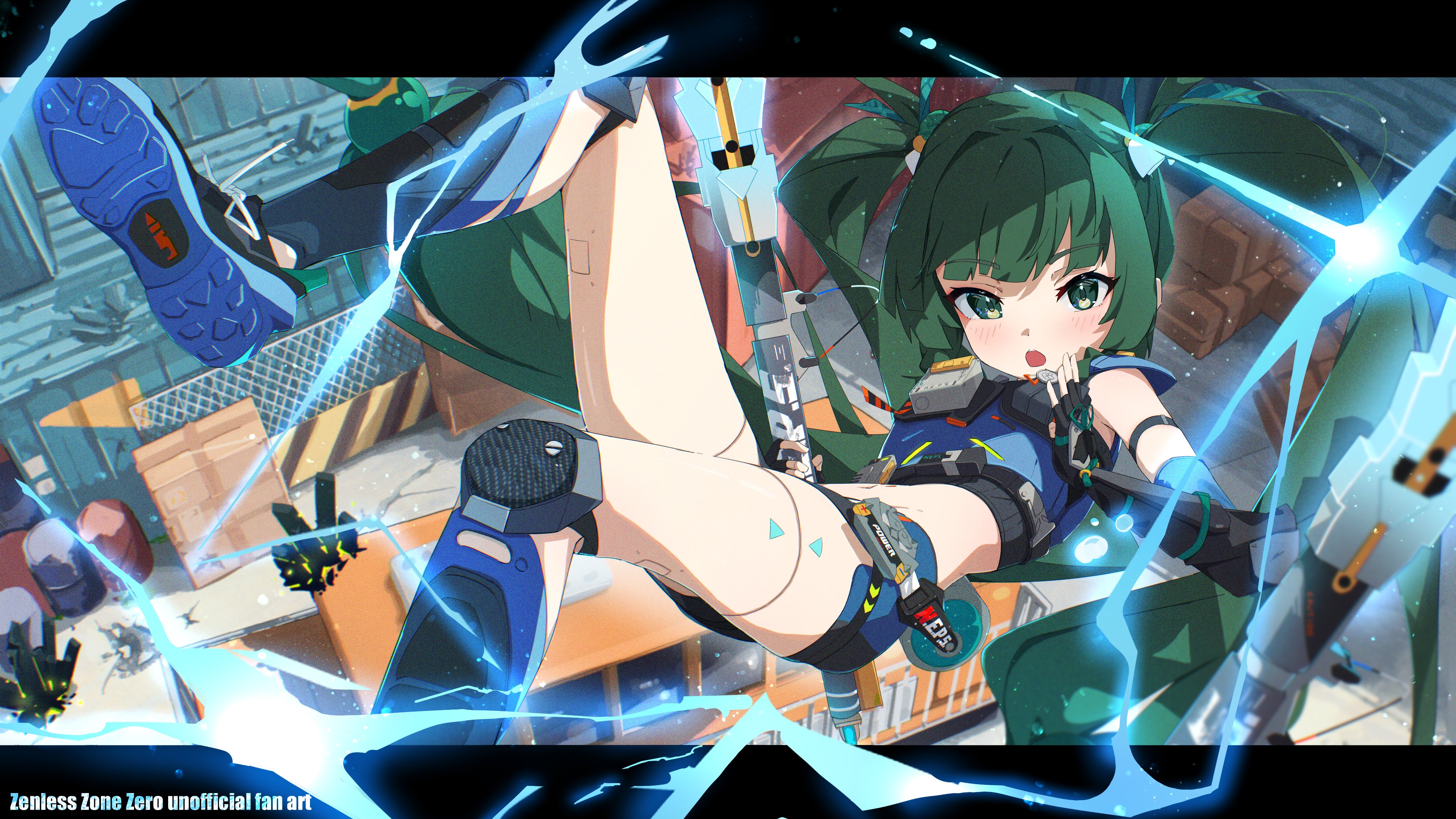 spice mega, qingyi (zenless zone zero), zenless zone zero, absurdres, highres, 1girl, black gloves, blue shirt, blush, crop top, electricity, fingerless gloves, gloves, green eyes, green hair, holding, holding weapon, joints, long hair, looking at viewer, mechanical legs, open mouth, robot joints, shirt, shorts, solo, twintails, very long hair, weapon