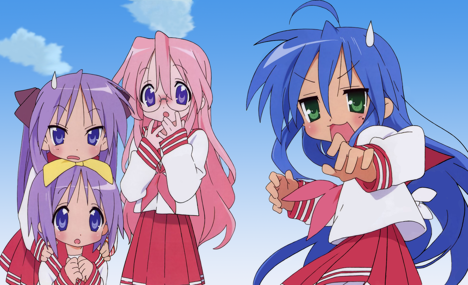hiiragi kagami, hiiragi tsukasa, izumi konata, takara miyuki, lucky star, derivative work, highres, vector trace, 00s, 4girls, ahoge, blue eyes, blue hair, glasses, green eyes, long hair, mole, mole under eye, multiple girls, pink hair, purple eyes, purple hair, school uniform, serafuku, short hair, siblings, sisters, sweatdrop, twins