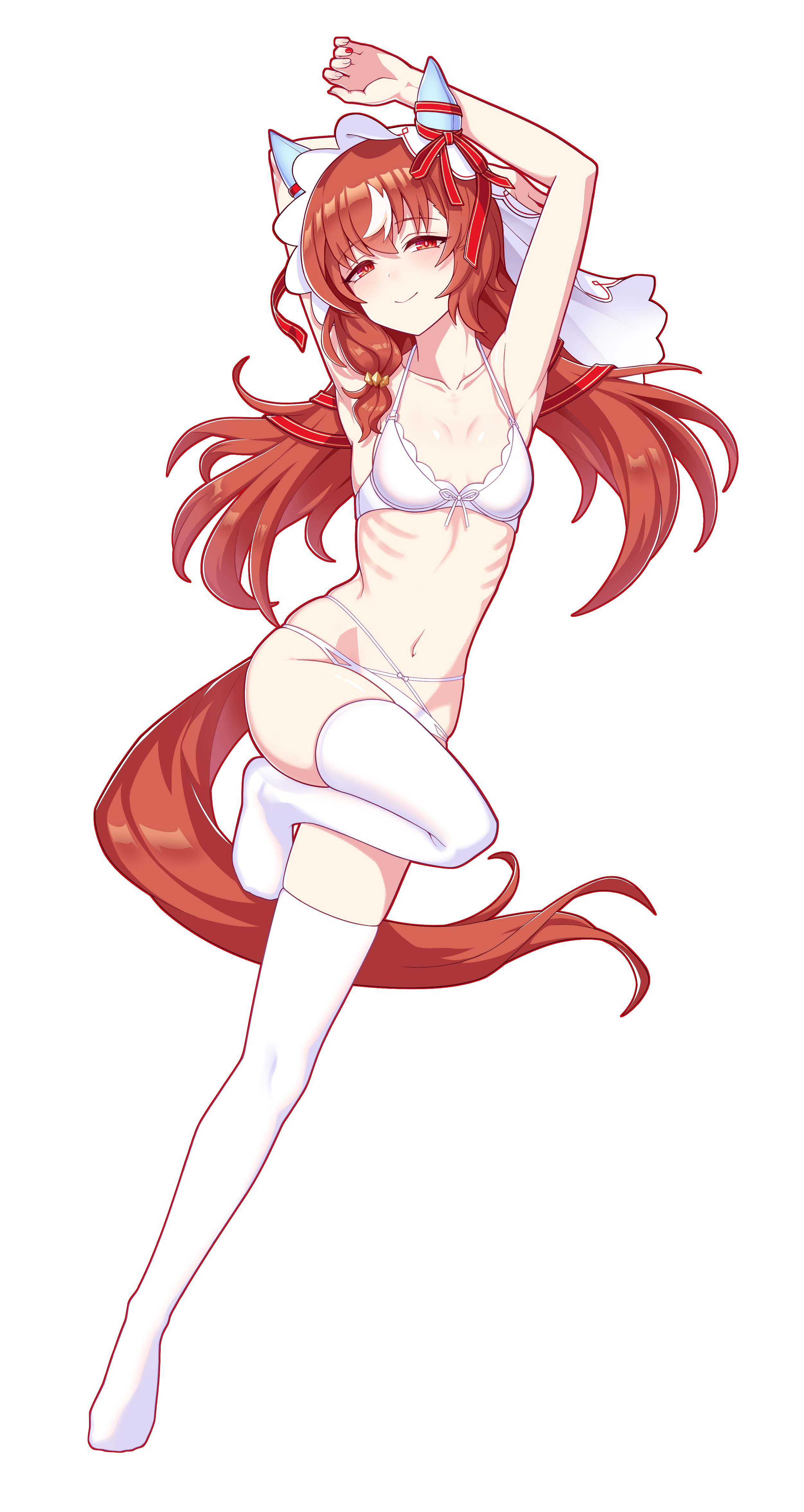 bails, still in love (umamusume), umamusume, absurdres, highres, 1girl, alternate costume, animal ears, brown hair, full body, horse ears, horse girl, horse tail, navel, red eyes, ribs, simple background, solo, tail, veil, white background, white veil