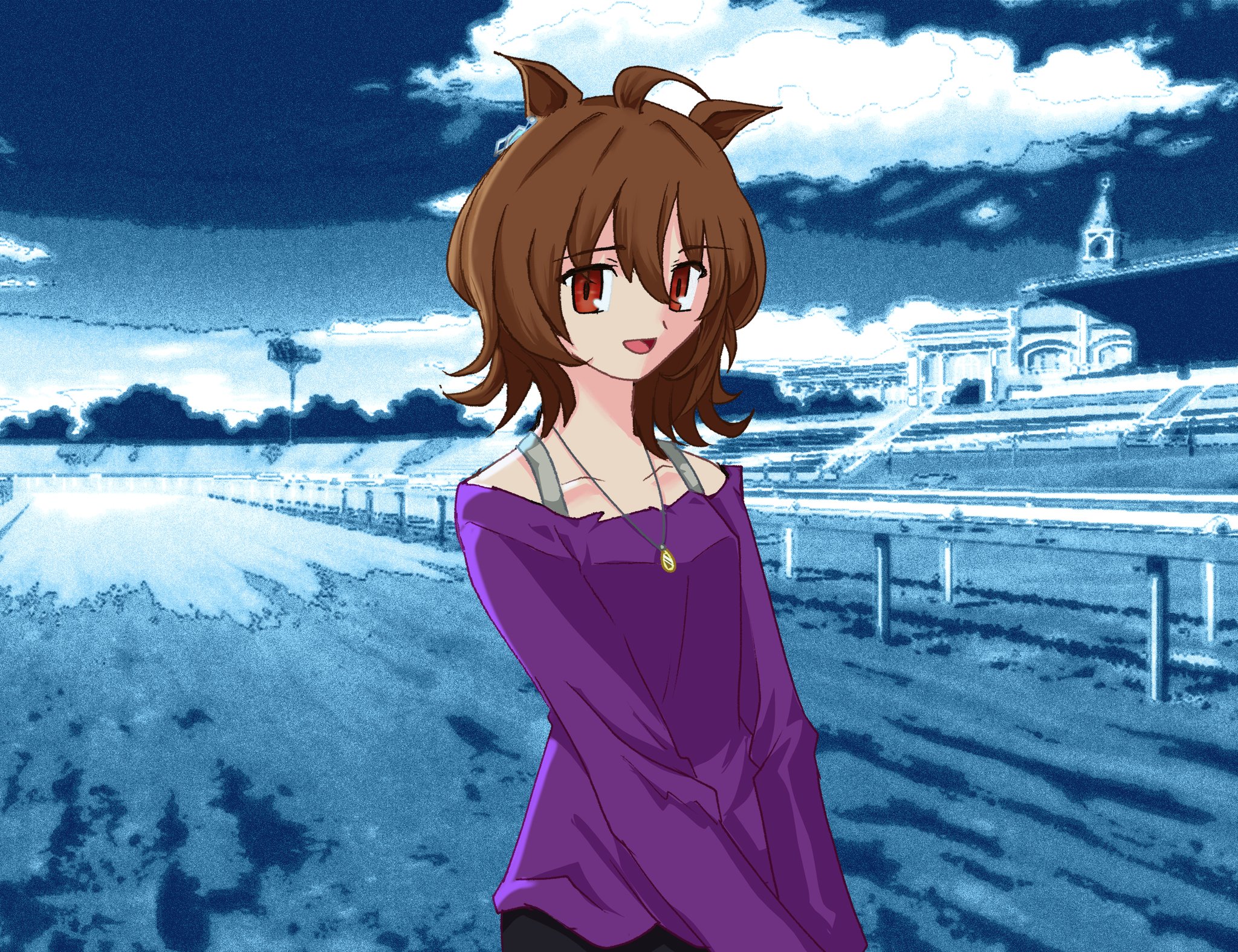 purplerider, agnes tachyon (umamusume), tsukihime, umamusume, highres, 1girl, ahoge, animal ears, bare shoulders, black pants, blue background, brown hair, casual, earrings, fake screenshot, hair between eyes, horse ears, horse girl, huge ahoge, jewelry, long sleeves, looking at viewer, medium hair, necklace, pants, parody, purple shirt, red eyes, screenshot background, shirt, single earring, smile, solo, style parody, takeuchi takashi (style), wolf cut