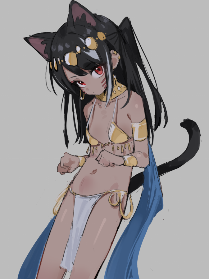 kurobeko (kur0bek0), original, 1girl, ancient egyptian, ancient egyptian clothes, animal ears, black hair, breasts, cat ears, cat tail, dark-skinned female, dark skin, earrings, grey background, jewelry, long hair, looking at viewer, navel, pelvic curtain, red eyes, simple background, small breasts, solo, tail
