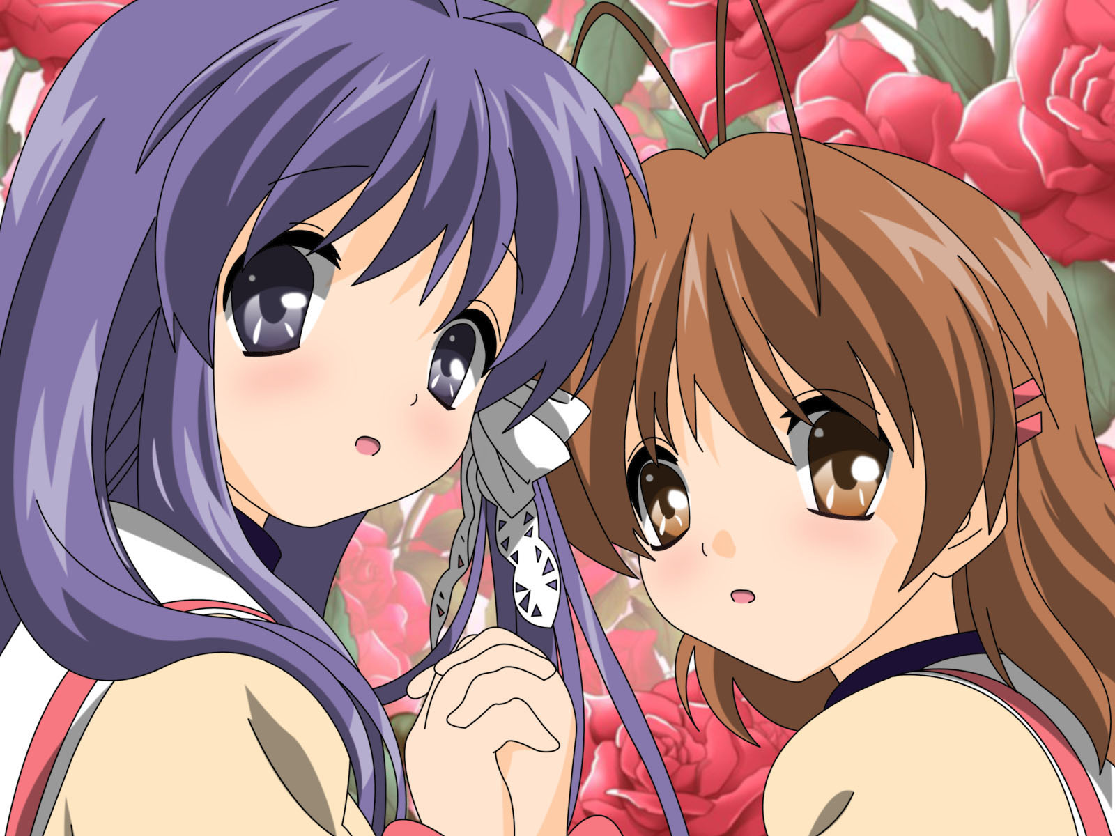 fujibayashi kyou, furukawa nagisa, clannad, derivative work, highres, vector trace, 00s, ahoge, antenna hair, brown eyes, brown hair, hair ribbon, purple hair, ribbon