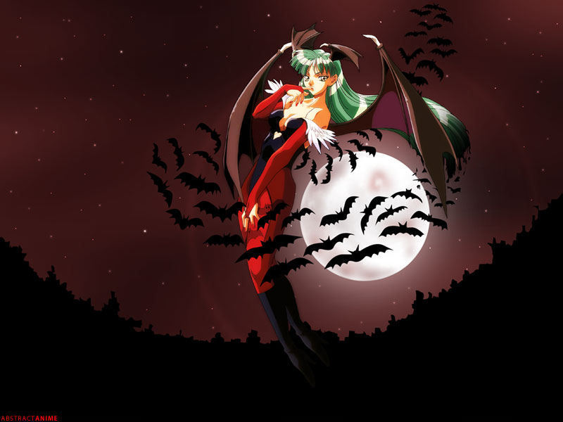 morrigan aensland, capcom, darkstalkers, 1girl, animal print, bat (animal), bat print, bat wings, breasts, cleavage, demon girl, female focus, green hair, head wings, large breasts, long hair, moon, night, pantyhose, print pantyhose, solo, wings